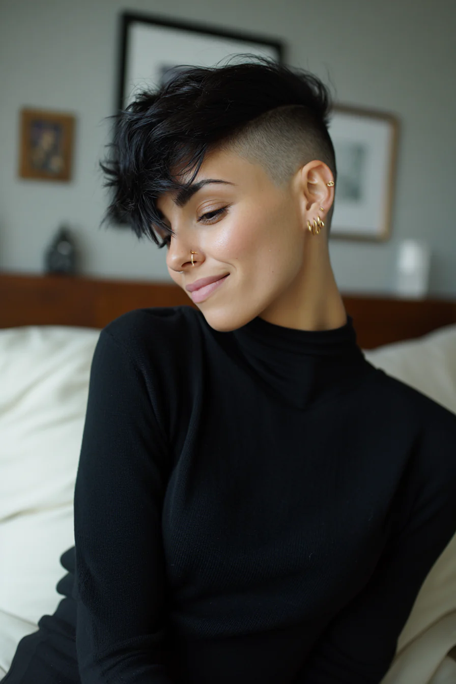 12. Tiefschwarzer, kantiger Pixie mit rasierten Seiten (kurze Pixie-Frisuren) – Kurze Pixie-Frisuren