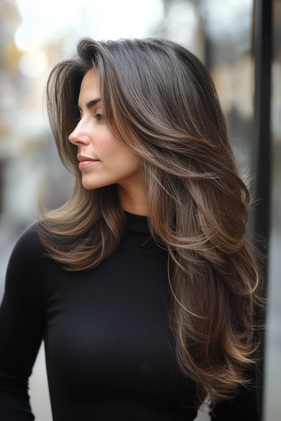 12. Layered Blowout mit weicher Mokka (lange Frisuren für Frauen über 50 mit dünnem Haar) - lange Frisuren für Frauen über 50 mit dünnem Haar