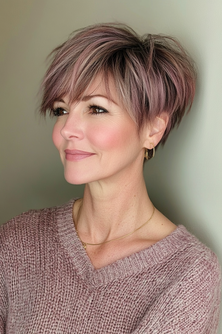 12. Lange Pixie mit asymmetrischem Pony in staubigen Rose (Haarschnitte für Frauen über 60 mit Pony) - Haarschnitte für Frauen über 60 mit Pony