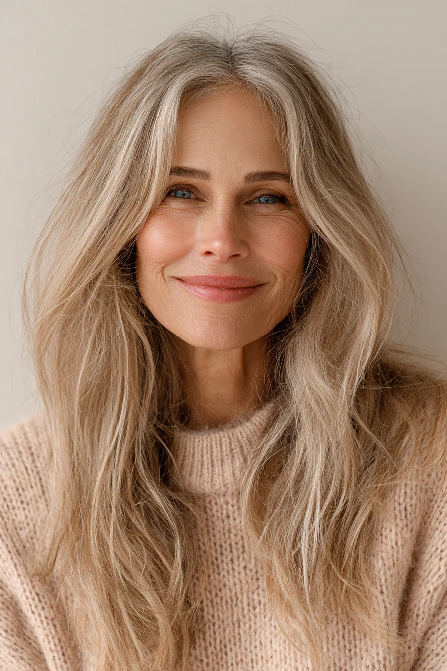 12. Lange strukturierte Enden mit beige-blondem Wurzelschmelz (Beste lange Frisuren für Frauen über 60) – Beste lange Frisuren für Frauen über 60