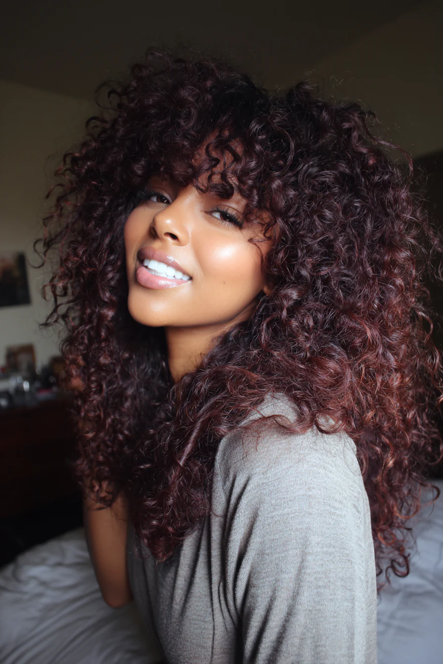 12. Tief geschnittene Mahagoni-Locken mit langen Fransen (lange lockige Haarschnitte) – Lange lockige Haarschnitte