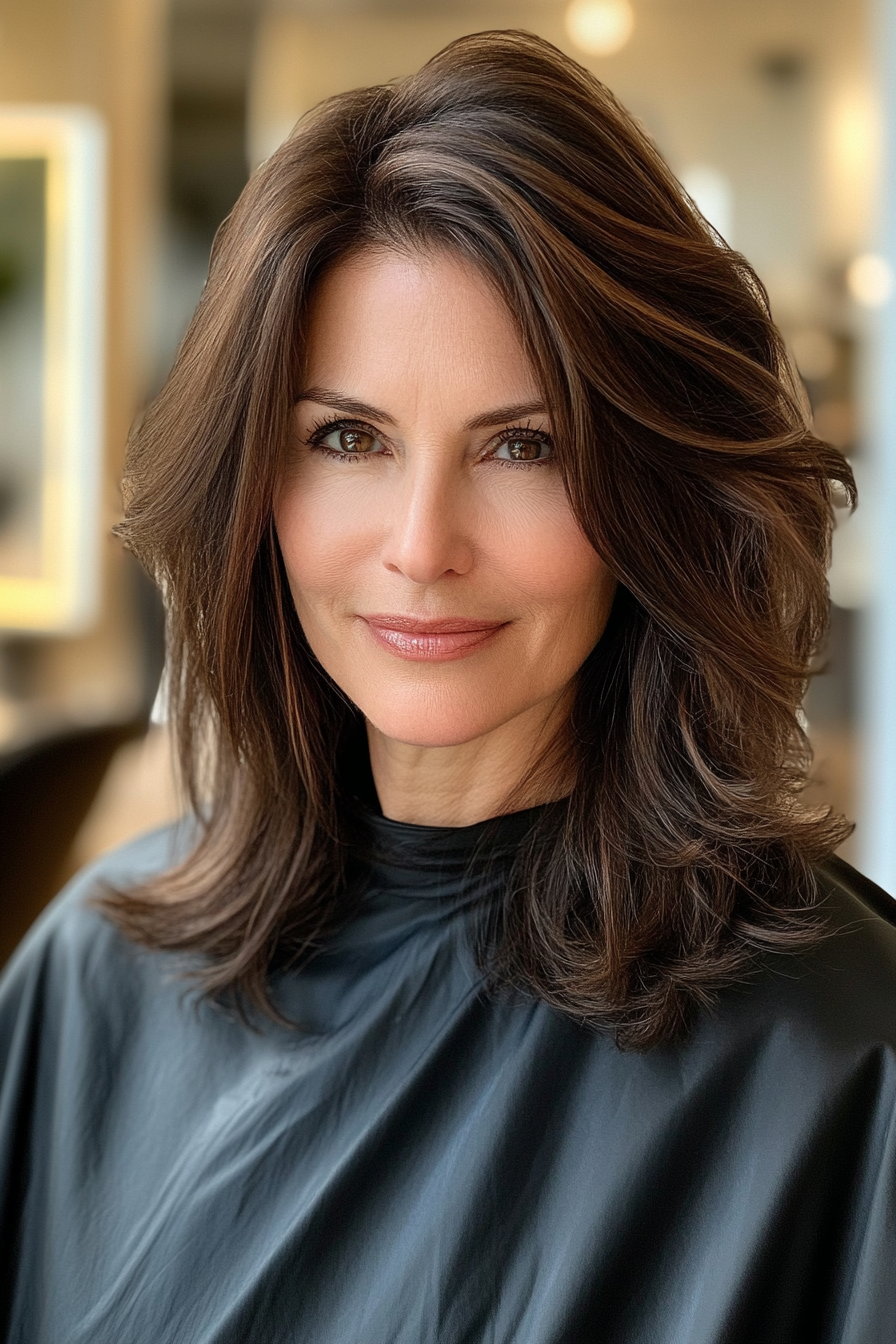 12. mittelgroßer Kaffeebraun mit Seitenschichten (schicke Frisuren für Frauen über 50) - schicke Frisuren für Frauen über 50