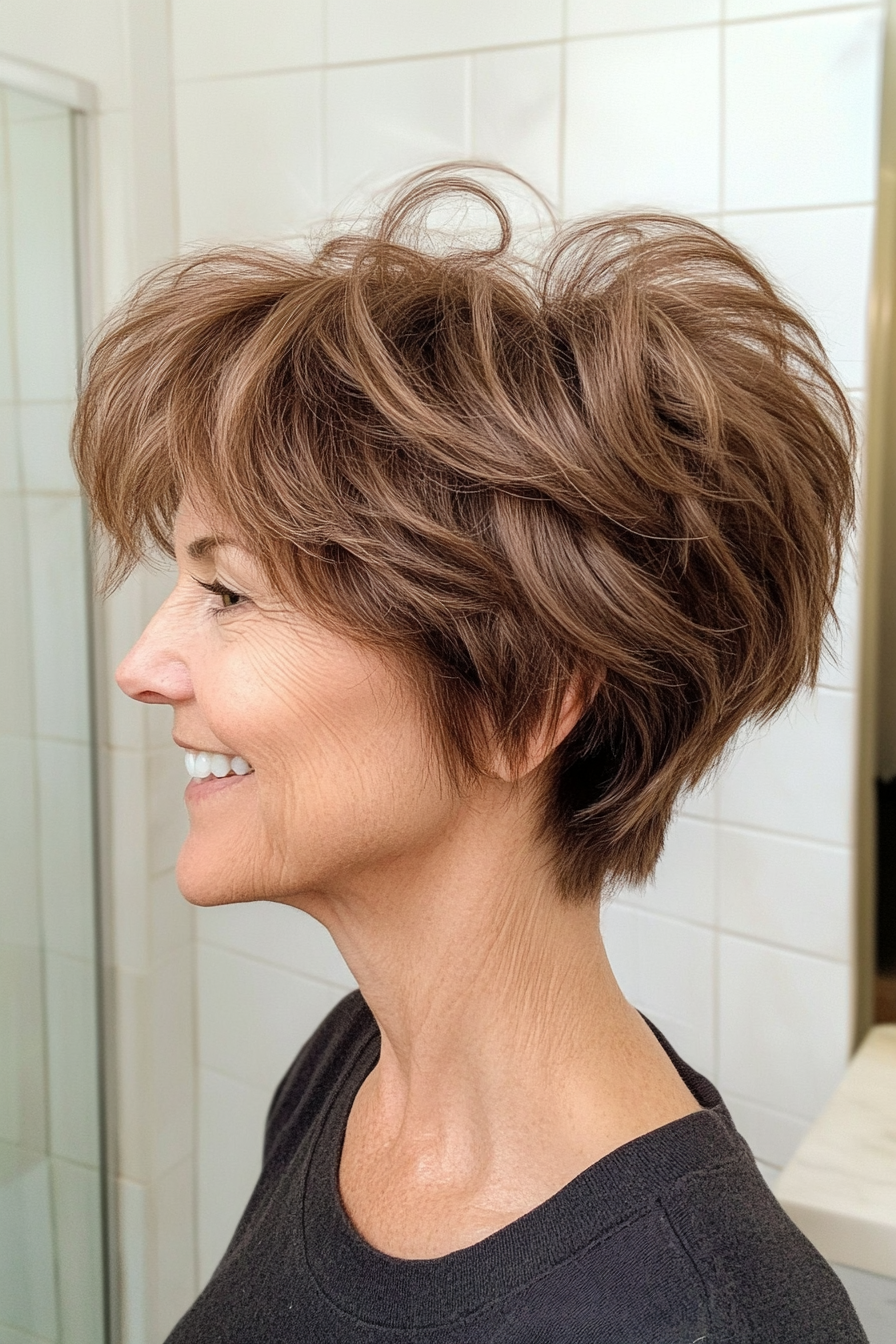 12. Messy Pixie in warmem Braun (mittel- bis kurze Haarschnitte für Frauen über 50) - mittel- bis kurze Haarschnitte für Frauen über 50