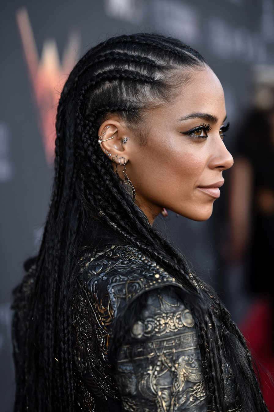 12. Natürliche schwarze zweireihige seitliche Zöpfe (Wikinger-Frisuren für Frauen) – Wikinger-Frisuren für Frauen