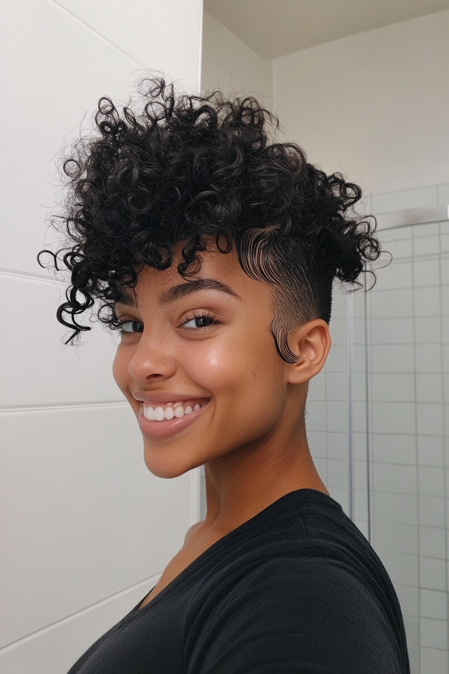 12. Natural Black Faux Hawk mit lockigen Pony (Faux Hawk Haircuts for Women) - Faux Hawk Haircuts für Frauen