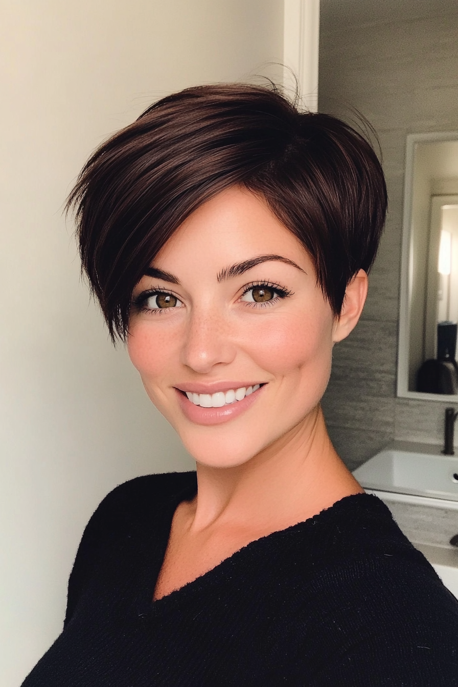 12. Petite Pixie mit sich verjüngter Nacken in dunklem Mahagoni -Braun (kurze Pixie -Haarschnitte für feines dünn
