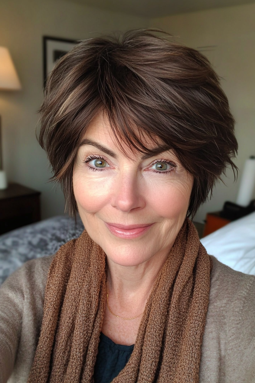 12. Pixie Bob mit kakaobrauner Textur (Kurze, dünne Haarschnitte für ältere Frauen) – Kurze, feine Haarschnitte für ältere Frauen