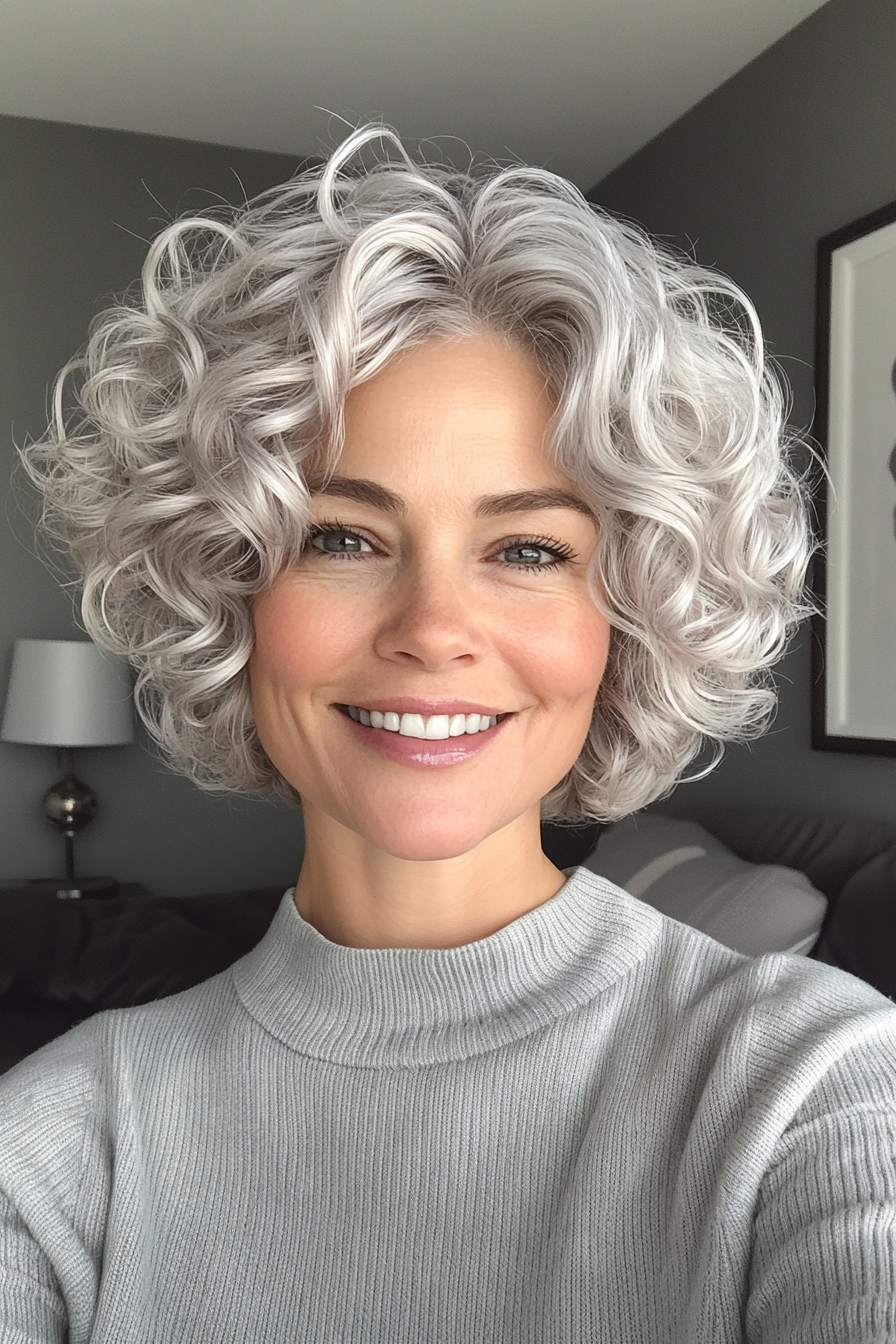 12. Platinum Curly Pixie (lockige Haarschnitte für Frauen über 50) - lockige Haarschnitte für Frauen über 50