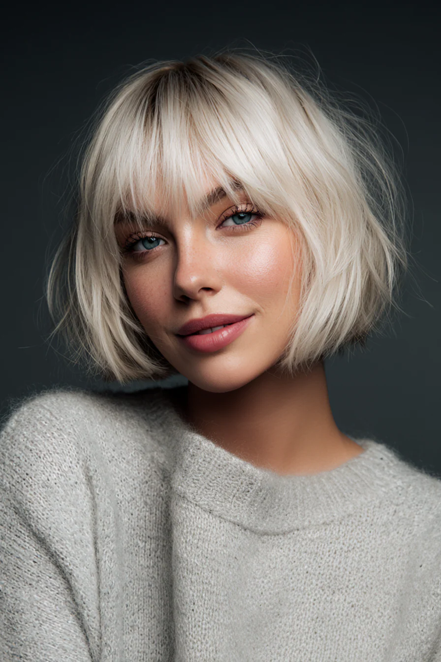 12. Rasiermessergeschnittener Bob mit platinfarbenen Fransen (Bob-Frisuren mit Pony) – Bob-Frisuren mit Pony