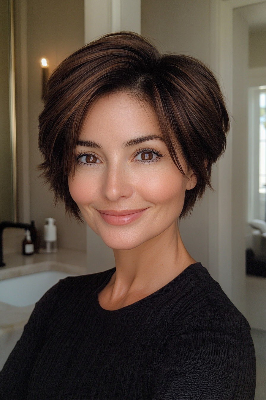 12. Reiche braune, sich verjüngende Pixie (geschichtete kurze Haarschnitte für Frauen über 40) - geschichtete kurze Haarschnitte für Frauen über 40 geschichtet