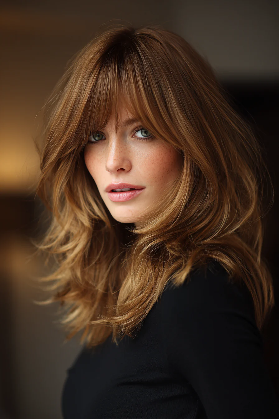 12. Schulterlange Schmetterlingsschichten in Karamellbraun (Haarschnitt-Ideen für Frauen) – Haarschnitt-Ideen für Frauen