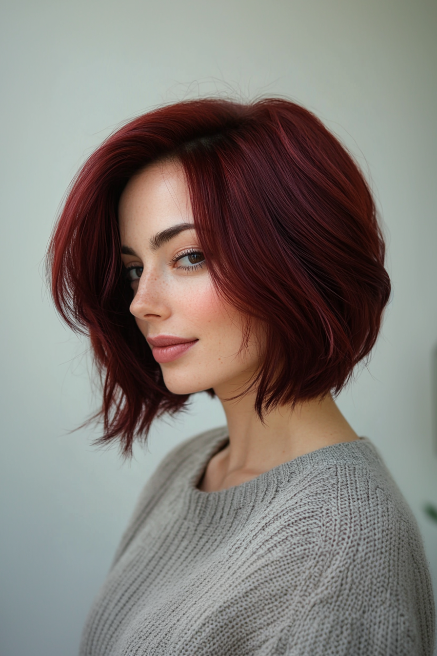 12. Side -Swepte Colarbone Bob mit dunklem Kirschrot (Halsbeinlängen -Haarschnitte) - Hackerlänge mit Trottel