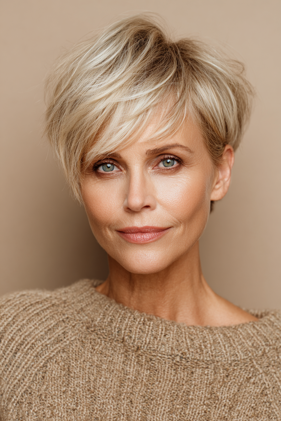 12. Seitenpixie mit Champagnerblonde (kantige Haarschnitte für Frauen über 50) - kantige Haarschnitte für Frauen über 50
