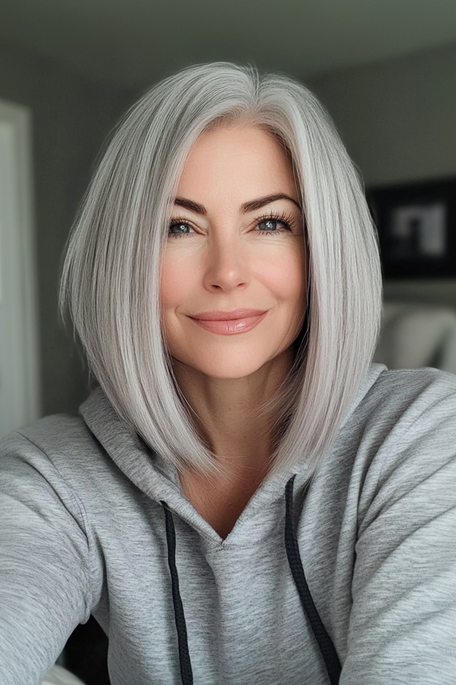 12. Schlanke Kinnlänge in Perlgrau (Frisuren für ältere Frauen mit grauem Haar) - Frisuren für ältere Frauen mit grauem Haar