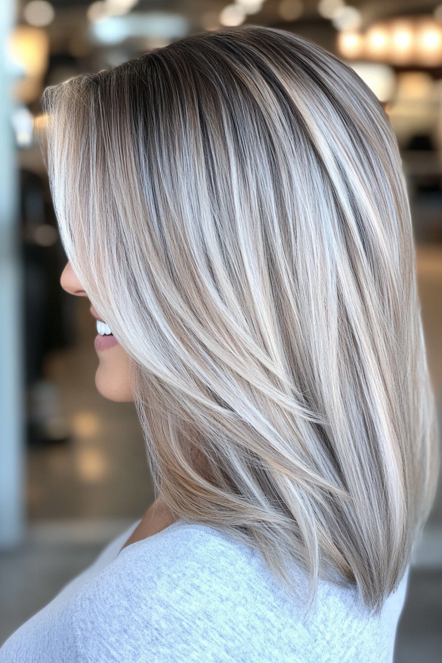 12. Schlankes, geschichtter Salz- und Pfeffer -Lob mit Kakao -braunen Highlights (Salz- und Pfefferfrisuren für Frauen über 50) - Salz- und Pfefferfrisuren für Frauen über 50