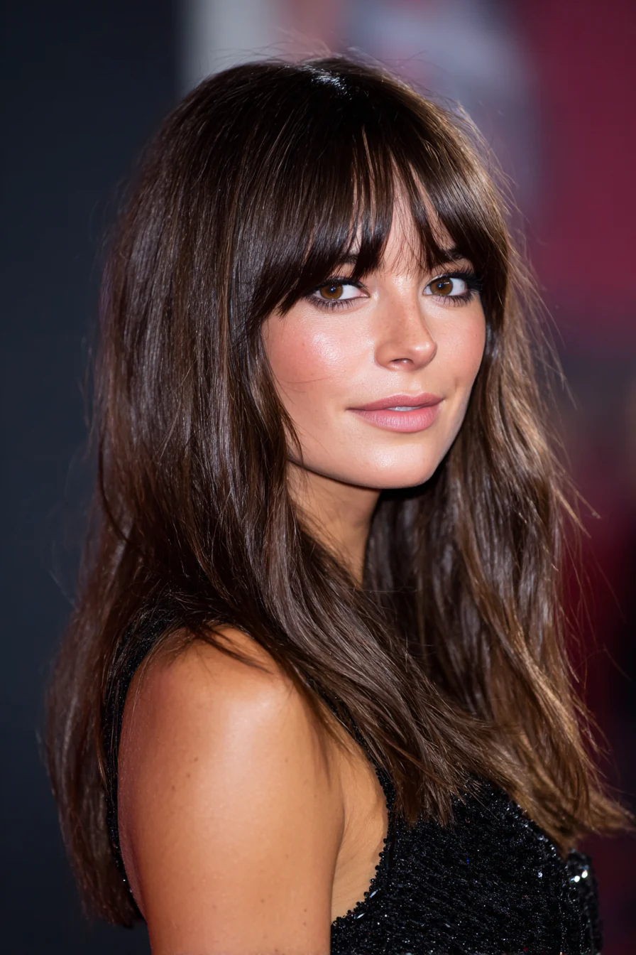 12. Sleek Lob mit langen Curtain Bangs in Espressobraun (Mittellange Frisuren mit Pony) – Mittellange Frisuren mit Pony