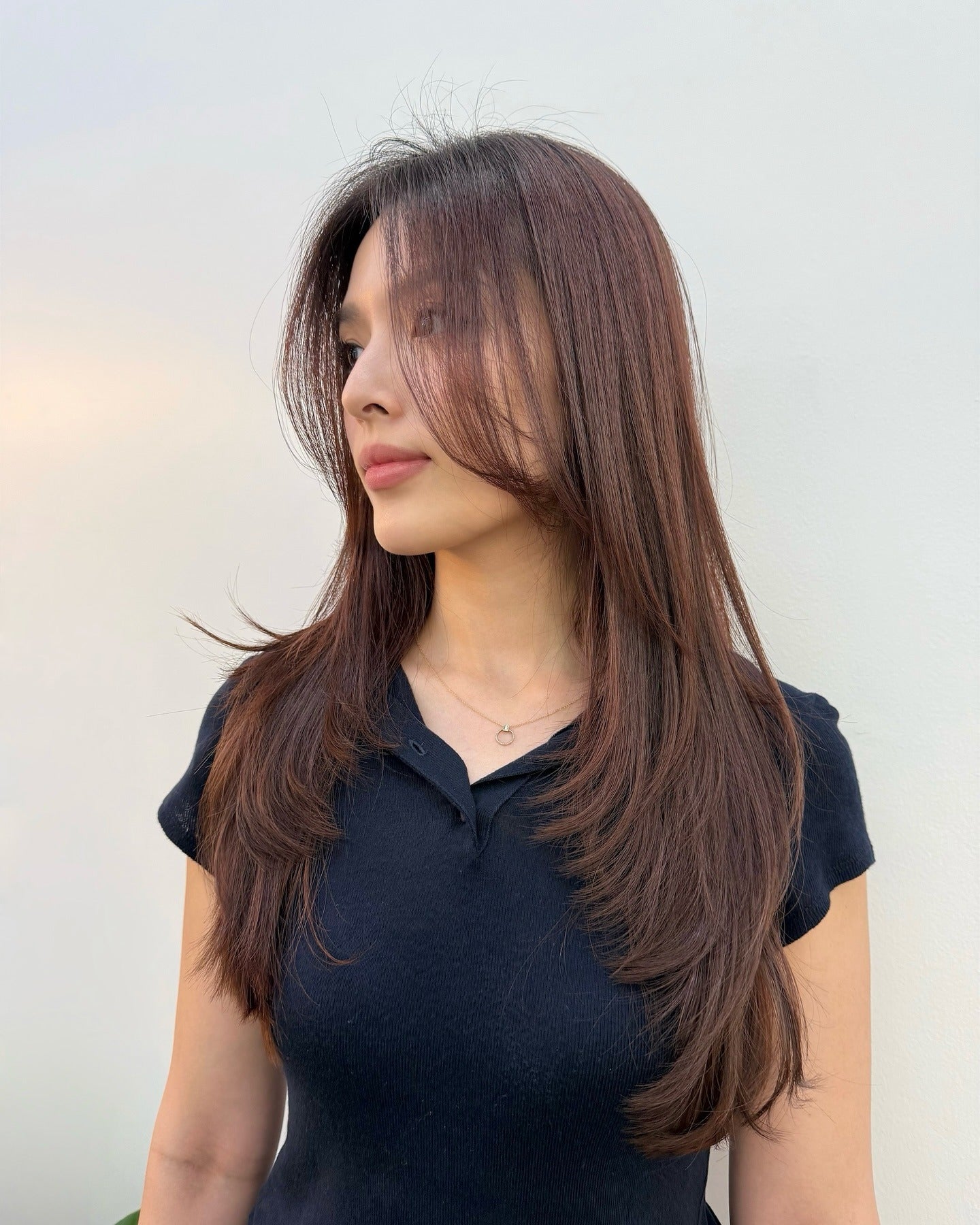 12. Schlanke Mahagoni lange Schichten mit subtilen Vorhang Pony (Frisuren mit Vorhangstätten)