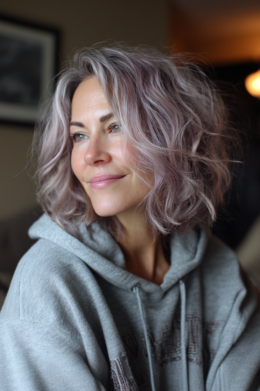 12. Rauchiger Mauva -Schulter -Shag (wellige Frisuren für ältere Frauen) - Wellige Frisuren für ältere Frauen