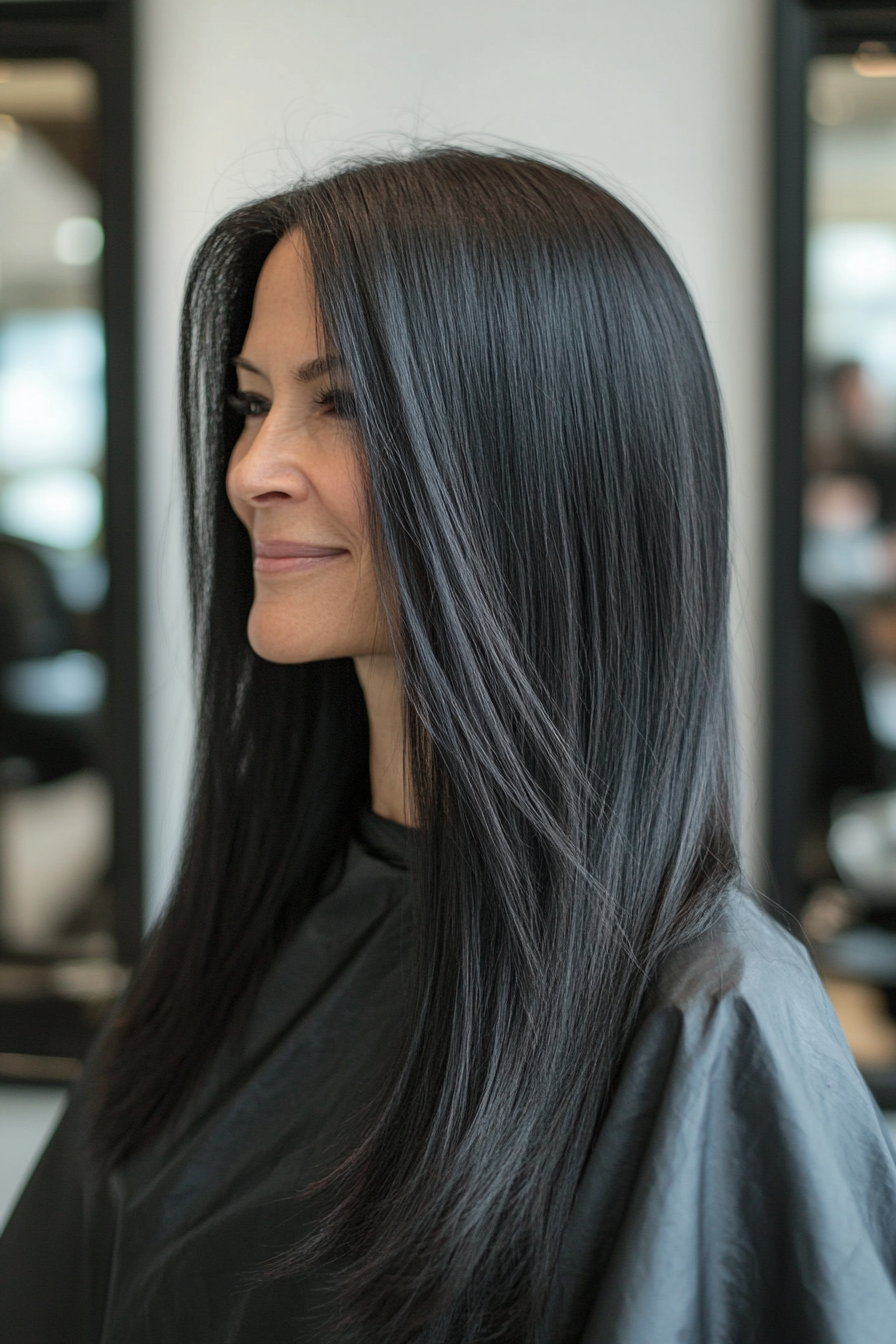 12. Weiche schwarze, lange, geraden Schnitt (längere Frisuren für ältere Frauen) - längere Frisuren für ältere Frauen