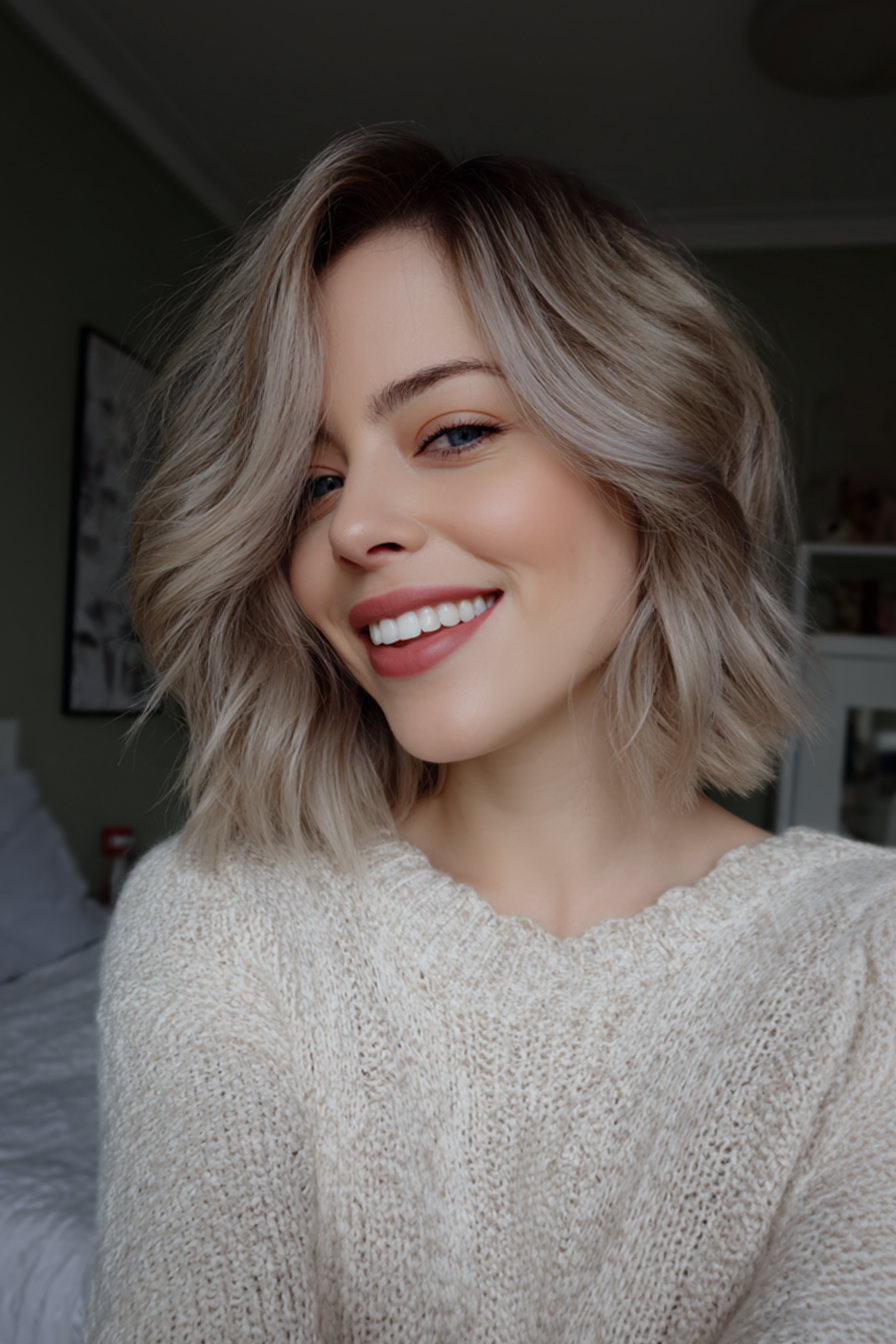 12. Weichschichtiger Bob mit Beige Blonde Glanz (geschichtete Haarschnitte für Frauen) - Geschichtete Haarschnitte für Frauen