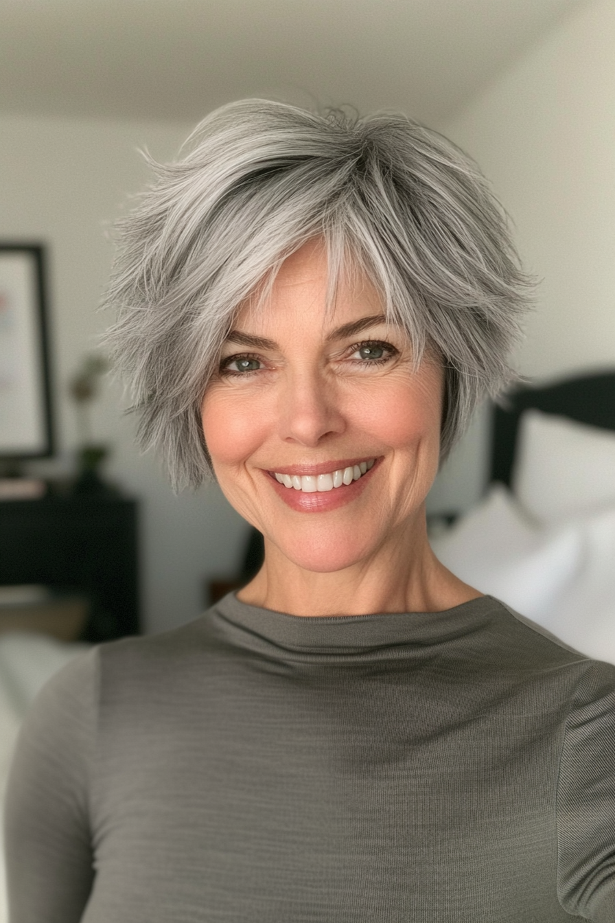 12. Stahlgrau -sich verjüngter Shag (kurze Shag -Haarschnitte für Frauen über 60) - kurze Shag -Haarschnitte für Frauen über 60