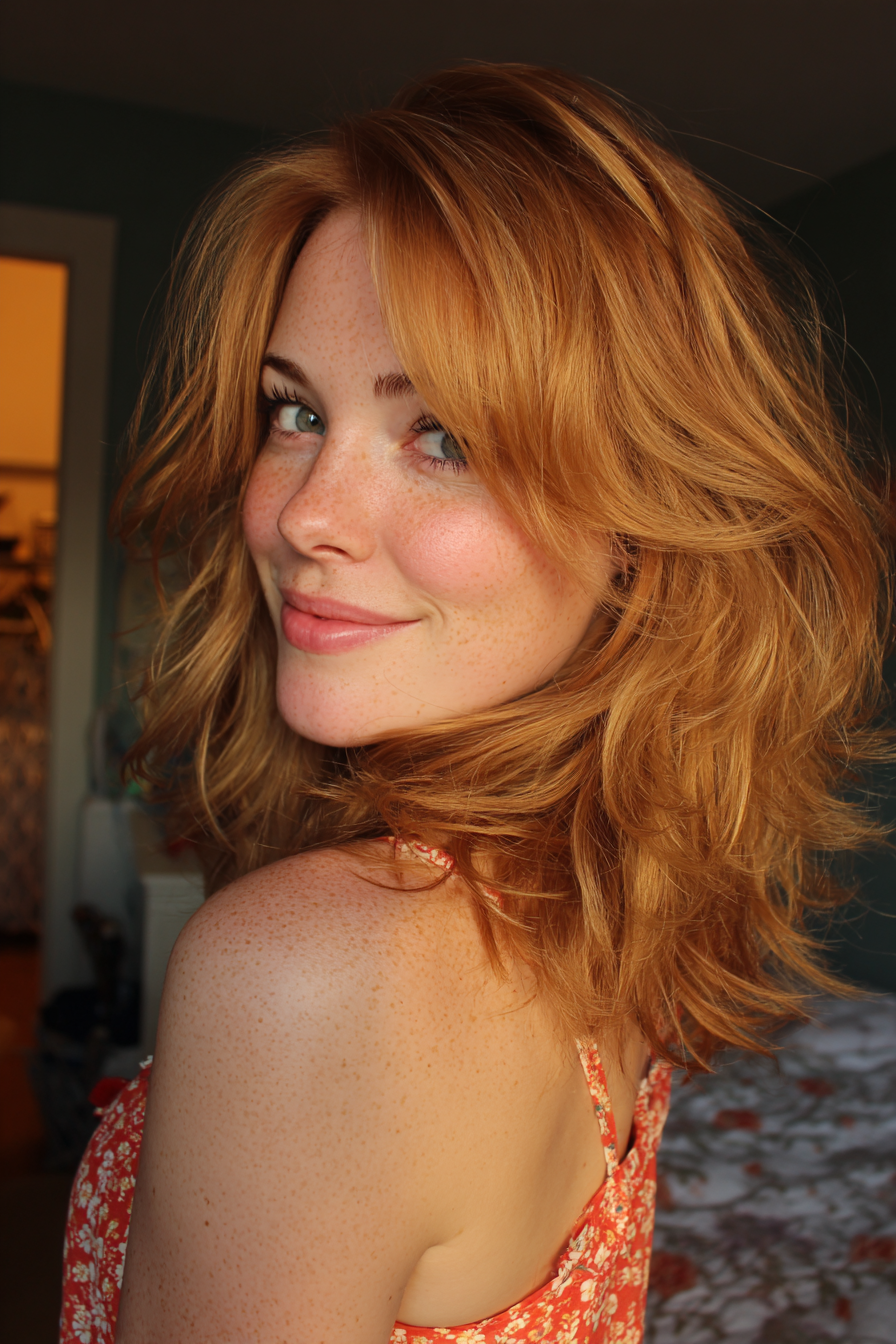 12. Erdbeerblonde, zarte Schichten (geschichtete, unordentliche Haarschnitte) – mehrschichtige, unordentliche Haarschnitte