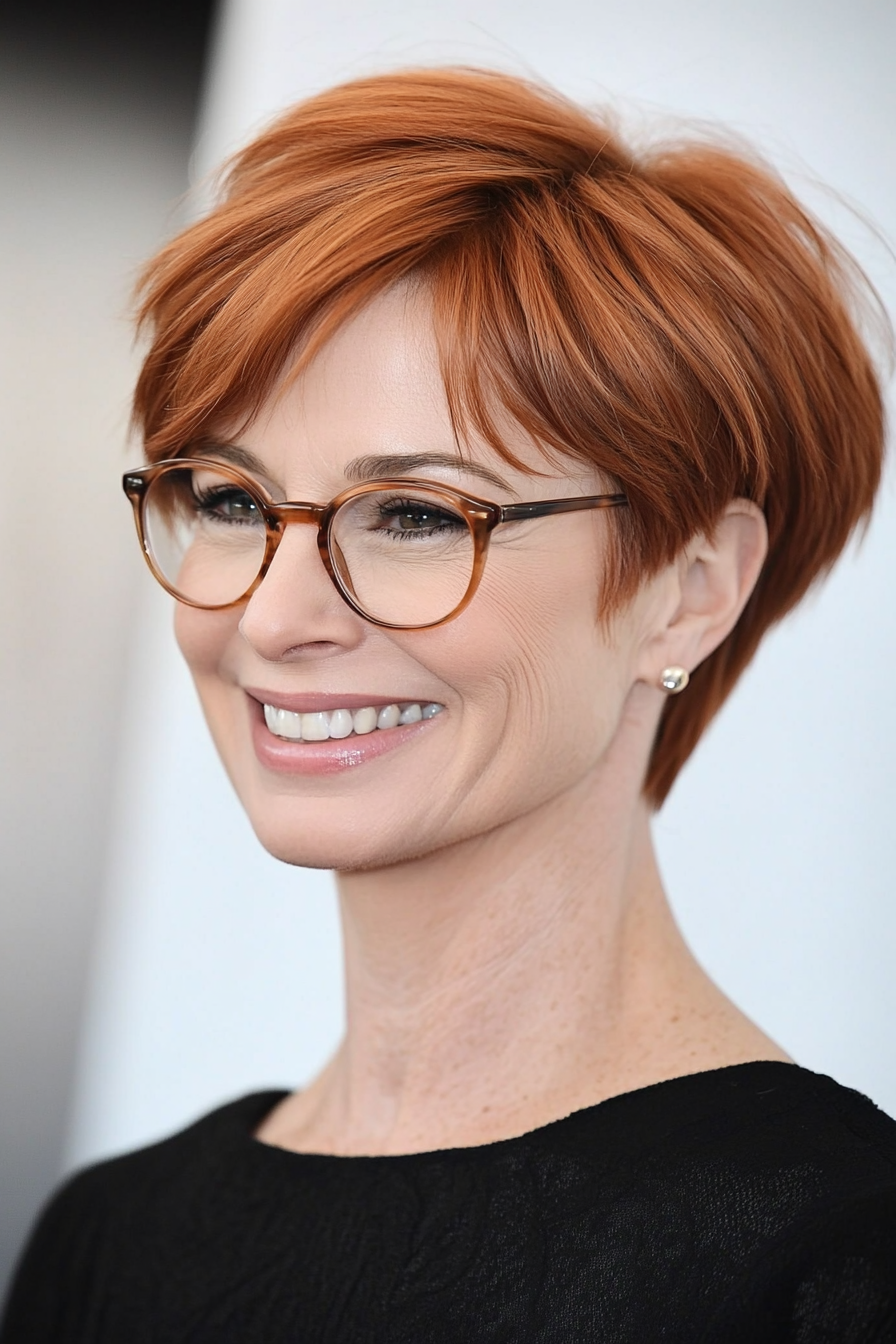 12. subtiler Auburn -Layered Pixie (Pixie -Haarschnitte für Frauen über 50 mit Brillen) - Pixie -Haarschnitte für Frauen über 50 mit Brillen