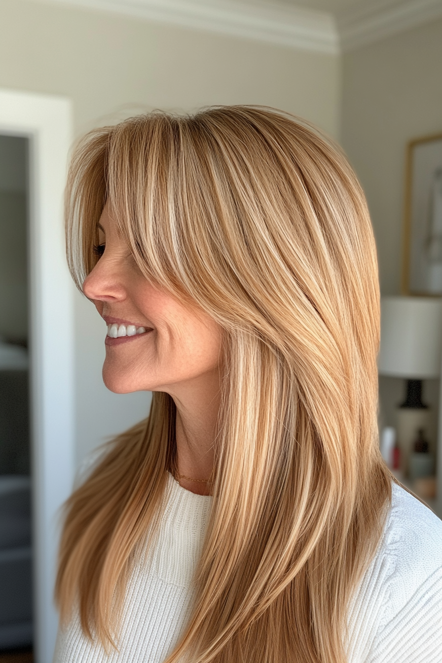 12. Sonnenlichtkaramell gerade mit Vorhang Pony (glatte Frisuren für ältere Frauen) - Straße Frisuren für ältere Frauen