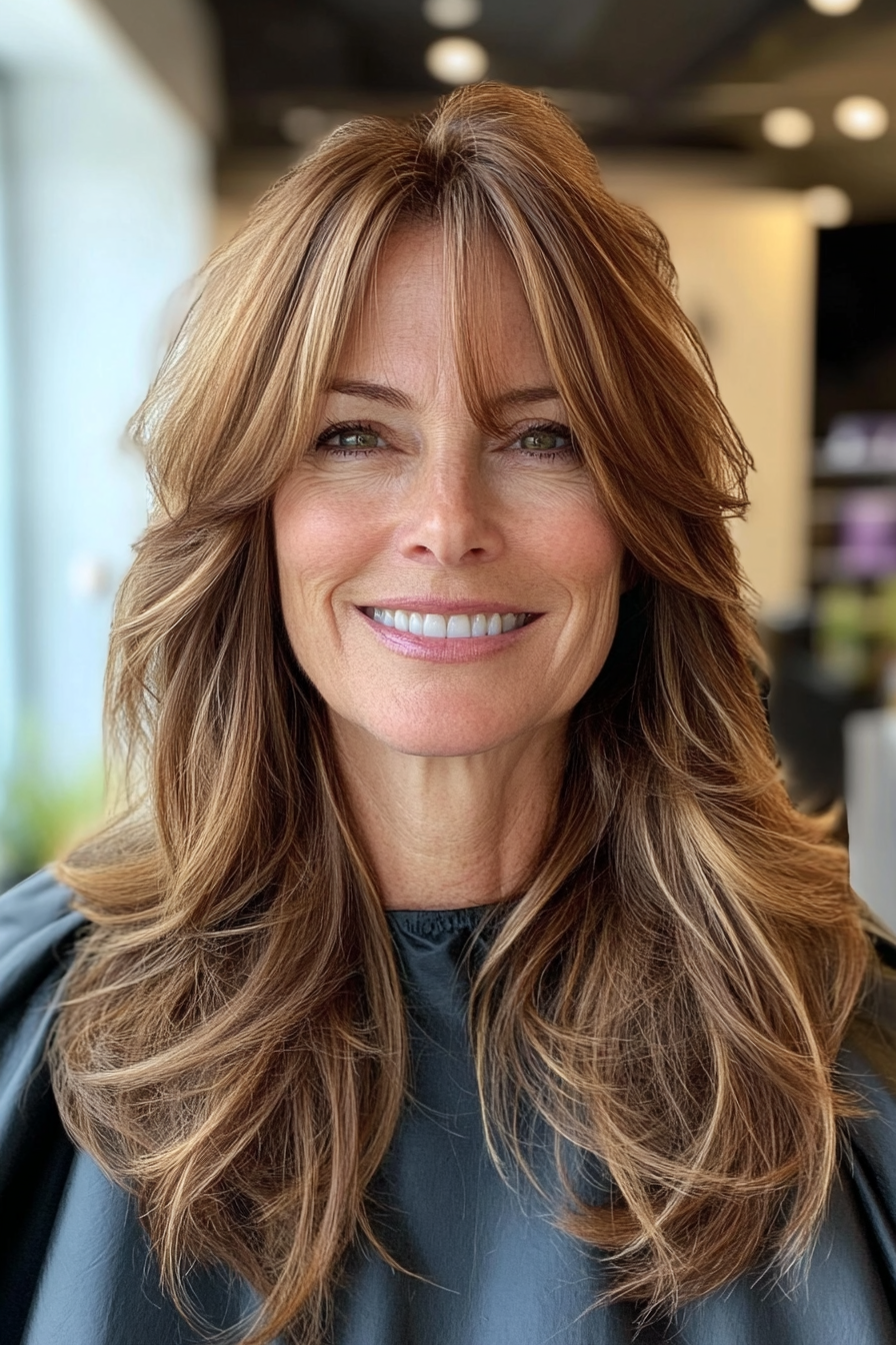 12. Tawny Brown Long Layers mit Vorhang Pony (neue Frisuren für Frauen über 50) - neue Frisuren für Frauen über 50