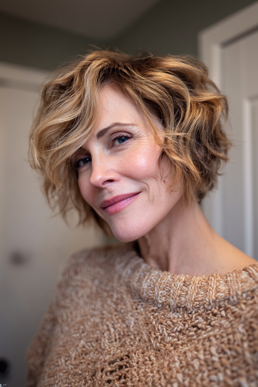 12. Strukturierte Karamellpixie Bob (kurze Frisuren für Frauen über 50 mit welligen Haaren) - kurze Frisuren für Frauen über 50 mit welligen Haaren
