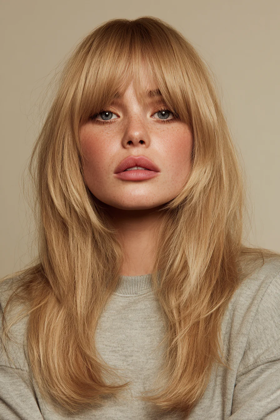 12. Strukturierter Midi-Schnitt mit Champagnerblonden Curtain Bangs (Curtain Bangs Haircuts) – Curtain Bangs Haircuts