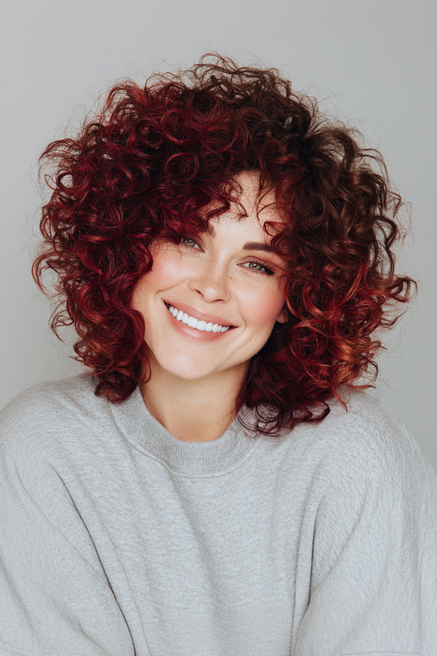 12. Voluminous, abgerundeter Schnitt mit burgunderfarbenen Highlights (Frisuren für Frauen über 40 mit lockigem Haar) - Frisuren für Frauen über 40 mit lockigen Haaren