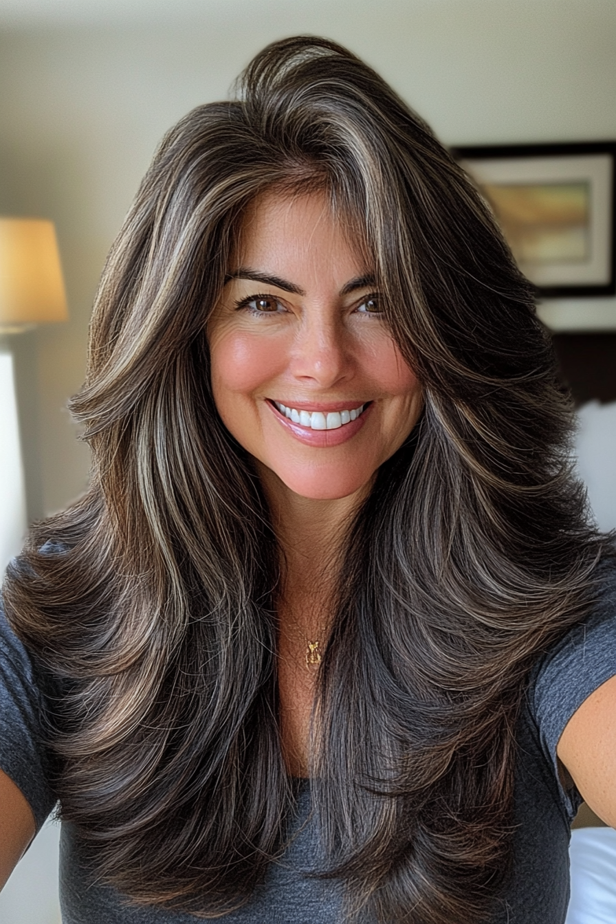 12. voluminöser Shag mit reichen Mahagoni -Schichten (zottelige Geschichtfrisuren für Frauen über 50) - Shaggy -Hakenfrisuren für Frauen über 50