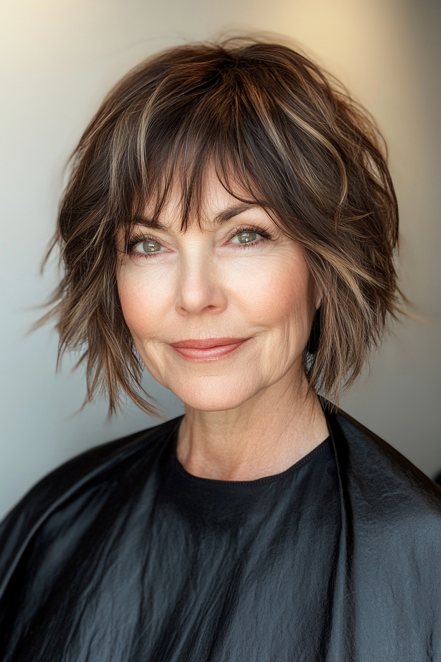 12. warme braune zottelige Ernte mit Fransen (kantige Frisuren für Frauen über 60) - kantige Frisuren für Frauen über 60