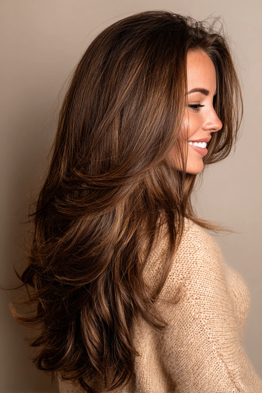 12. Wasserfallschichten mit Mokka-Balayage (lange Stufenhaarschnitte für Damen) – Lange Stufenhaarschnitte für Damen