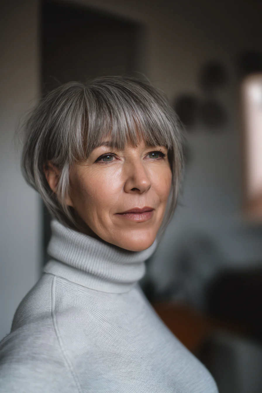 13. Aschbrauner Kurzhaarschnitt mit Pony (Kurzhaarschnitte für ältere Frauen über 60 mit feinem Haar) – Kurzhaarschnitte für ältere Frauen über 60 mit feinem Haar