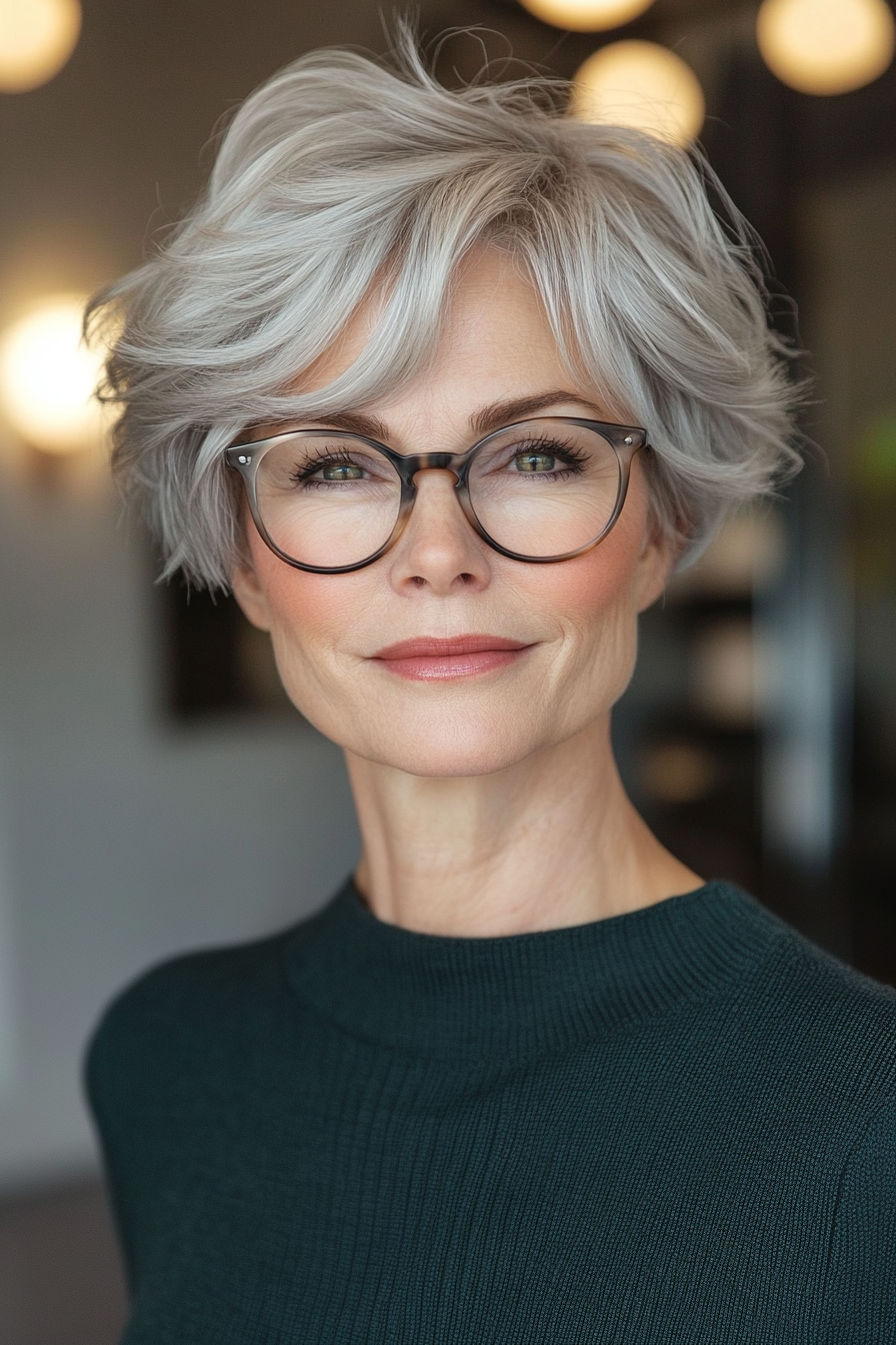 13. Ash Silver Wavy Pixie Bob (Pixie-Haarschnitte für Frauen über 60 mit Brille) – Pixie-Haarschnitte für Frauen über 60 mit Brille