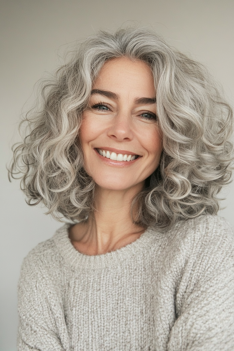 13. Asymmetrisch lockiger Bob mit Silber (Haarschnitte für Frauen über 50 mit lockigem Haar) - Haarschnitte für Frauen über 50 mit lockigem Haar