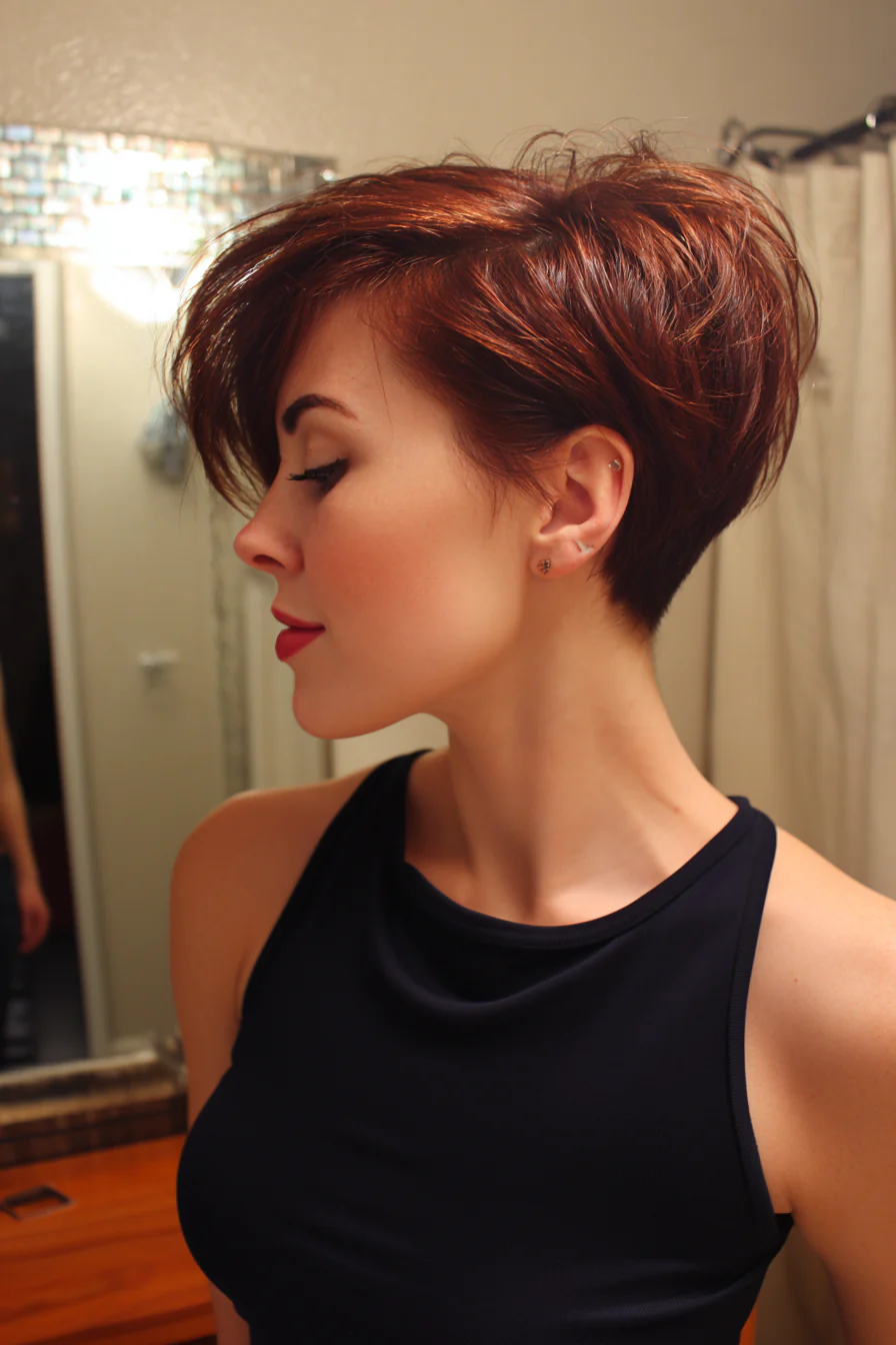 13. Asymmetrischer Pixie in dunklem Auburn (Pixie-Haarschnitte) – Pixie-Haarschnitte