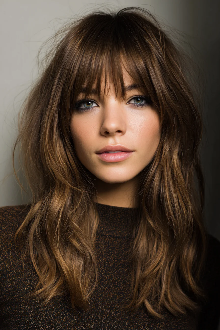 13. Gemischte Schichten mit brauenstreichendem Pony in warmem Braun (mittellange Frisuren mit Pony) – Mittellange Frisuren mit Pony