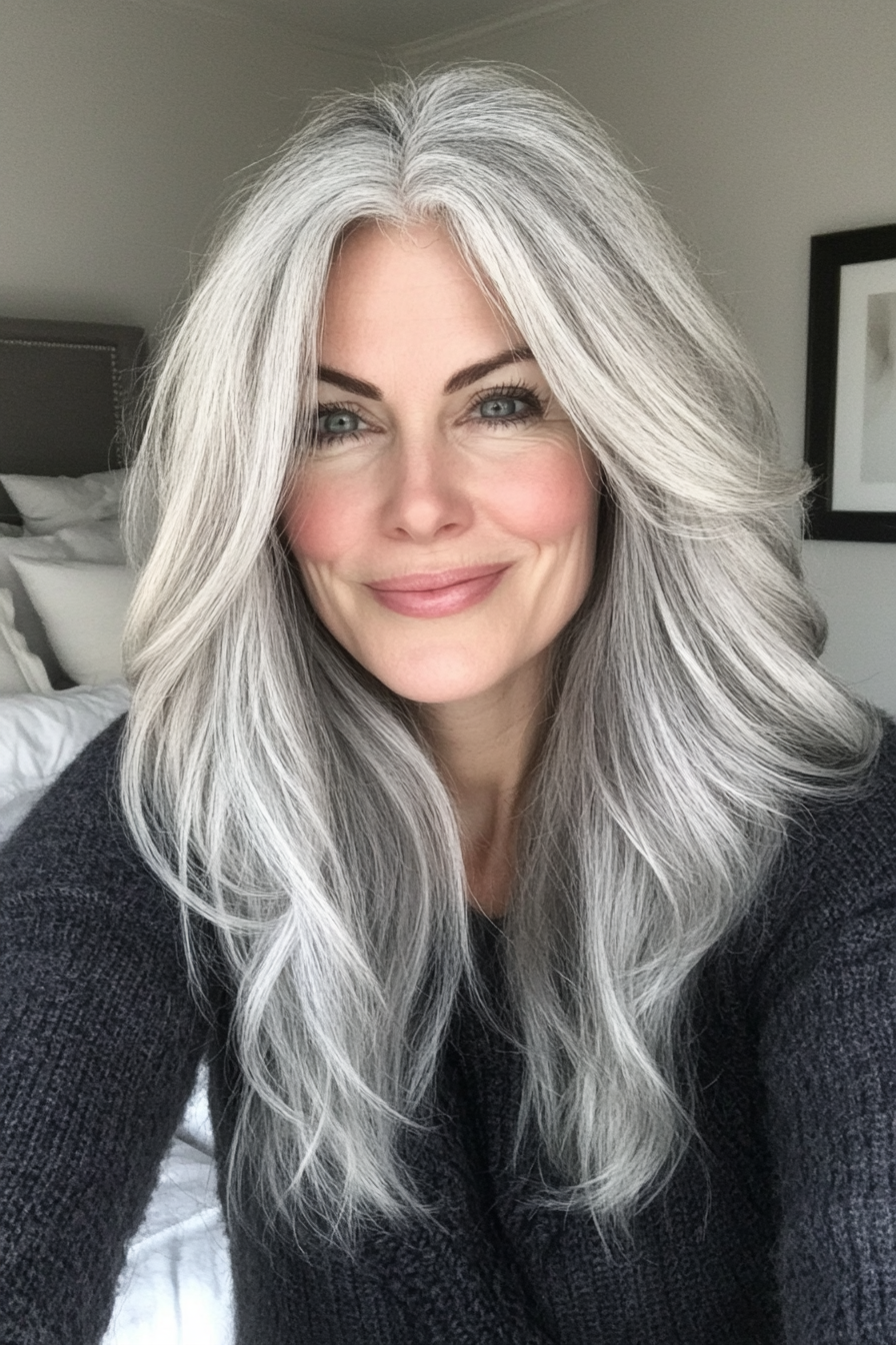 13. Gemischte Silberschichten in natürlicher Grau (Haarschnittideen für Frauen über 50) - Haarschnittideen für Frauen über 50