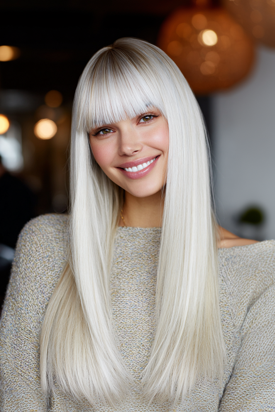 13. Stumpfer Pony mit polierten Platinlängen (Haarschnitte für glattes Haar) – Haarschnitte für glattes Haar