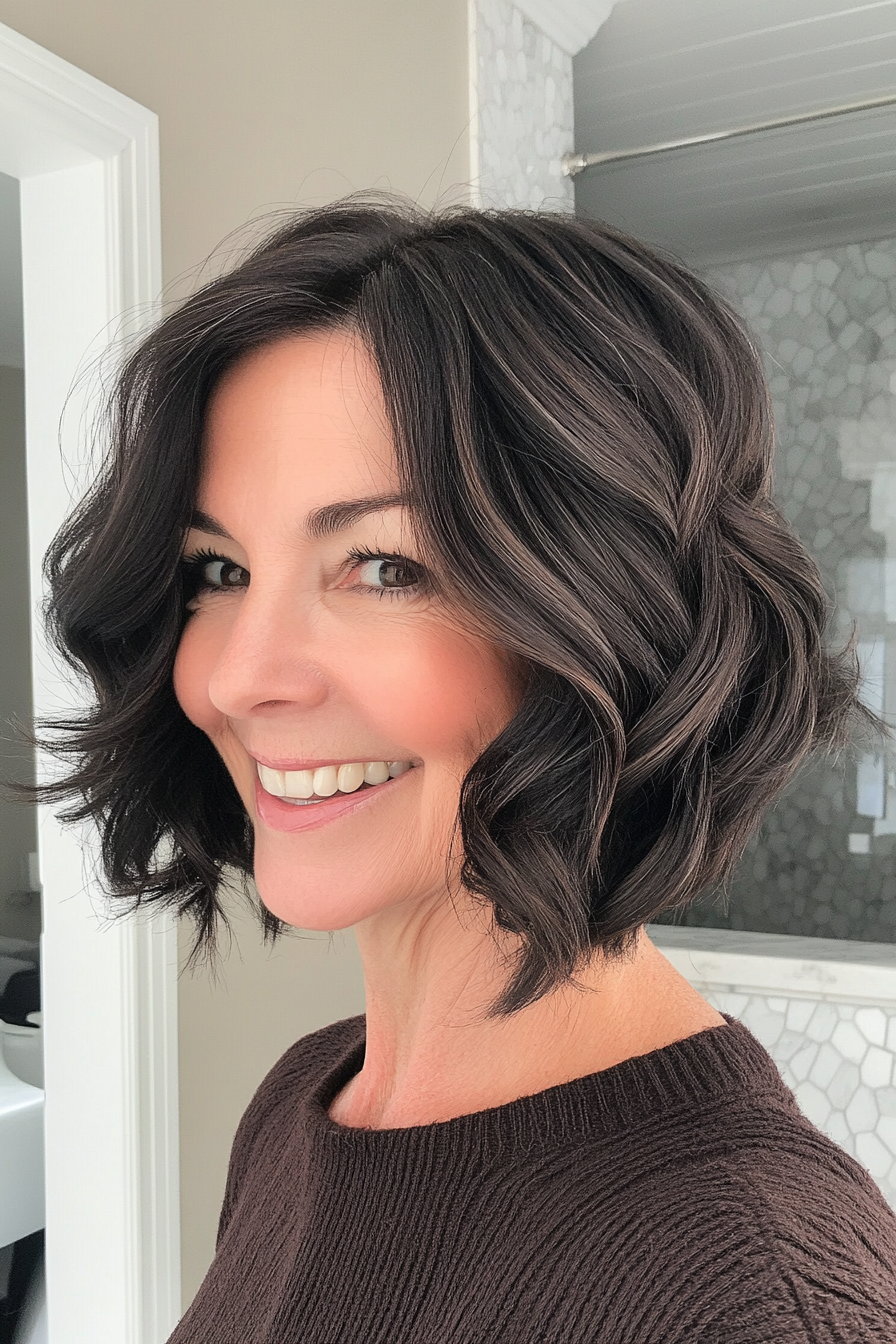 13. Stumpf mit weichen Wellen in schwarzer Braun (Haarschnitte für Frauen über 60 mit welligen Haaren) - Haarschnitte für Frauen über 60 mit welligen Haaren