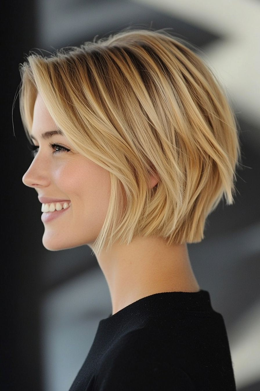 13. Butterblonde Kurzwinkel Bob (abgewinkelte geschichtete Bob -Haarschnitte) - abgewinkelte geschichtete Bob -Haarschnitte