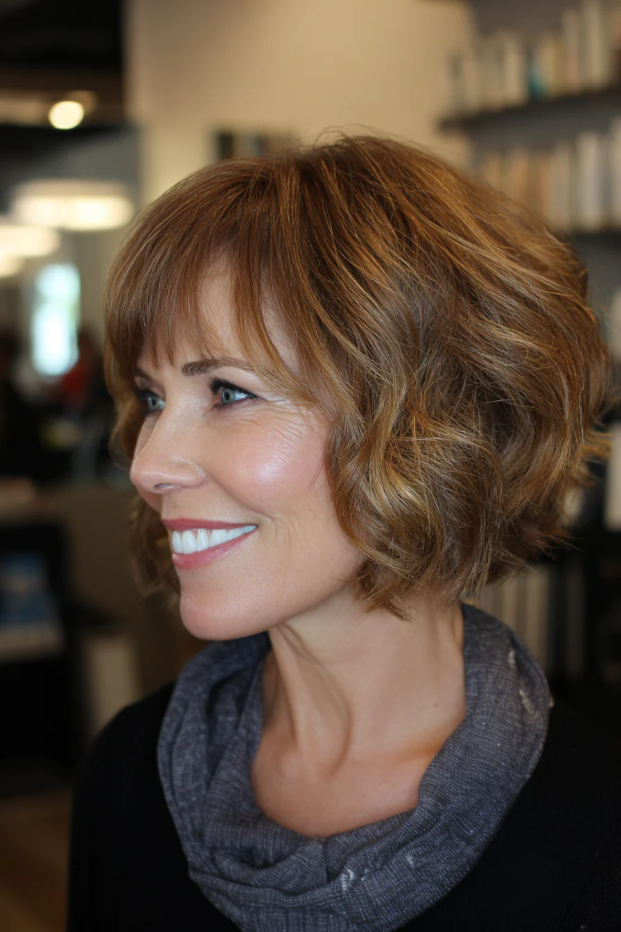 13. Karamellfarbener gewellter Bob mit Vorhang-Pony (Bob-Haarschnitte mit Pony für Frauen über 50) – Bob-Haarschnitte mit Pony für Frauen über 50