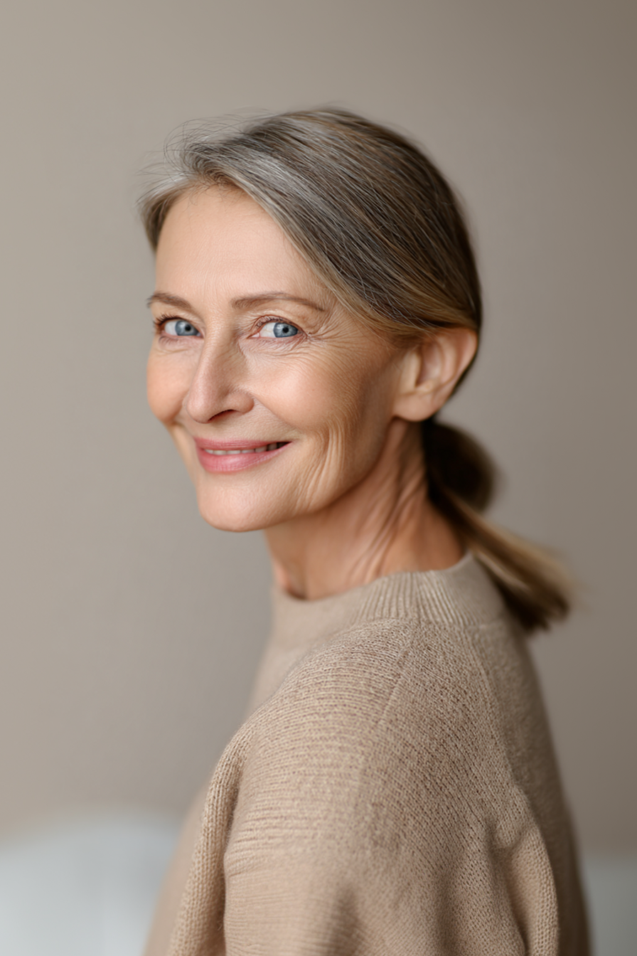 13. Kastaniennuss schlanker Pferdeschwanz (Hochzeitsfrisuren für Frauen über 60) - Hochzeitsfrisuren für Frauen über 60