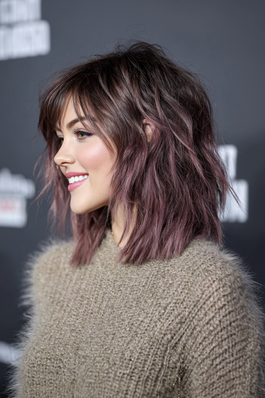 13. abgehackt mittelgroßer Shag mit staubigen Mauve -Tönen (mittelgroße Haarschnitte für feines Haar) - mittelgroße Haarschnitte für feines Haar