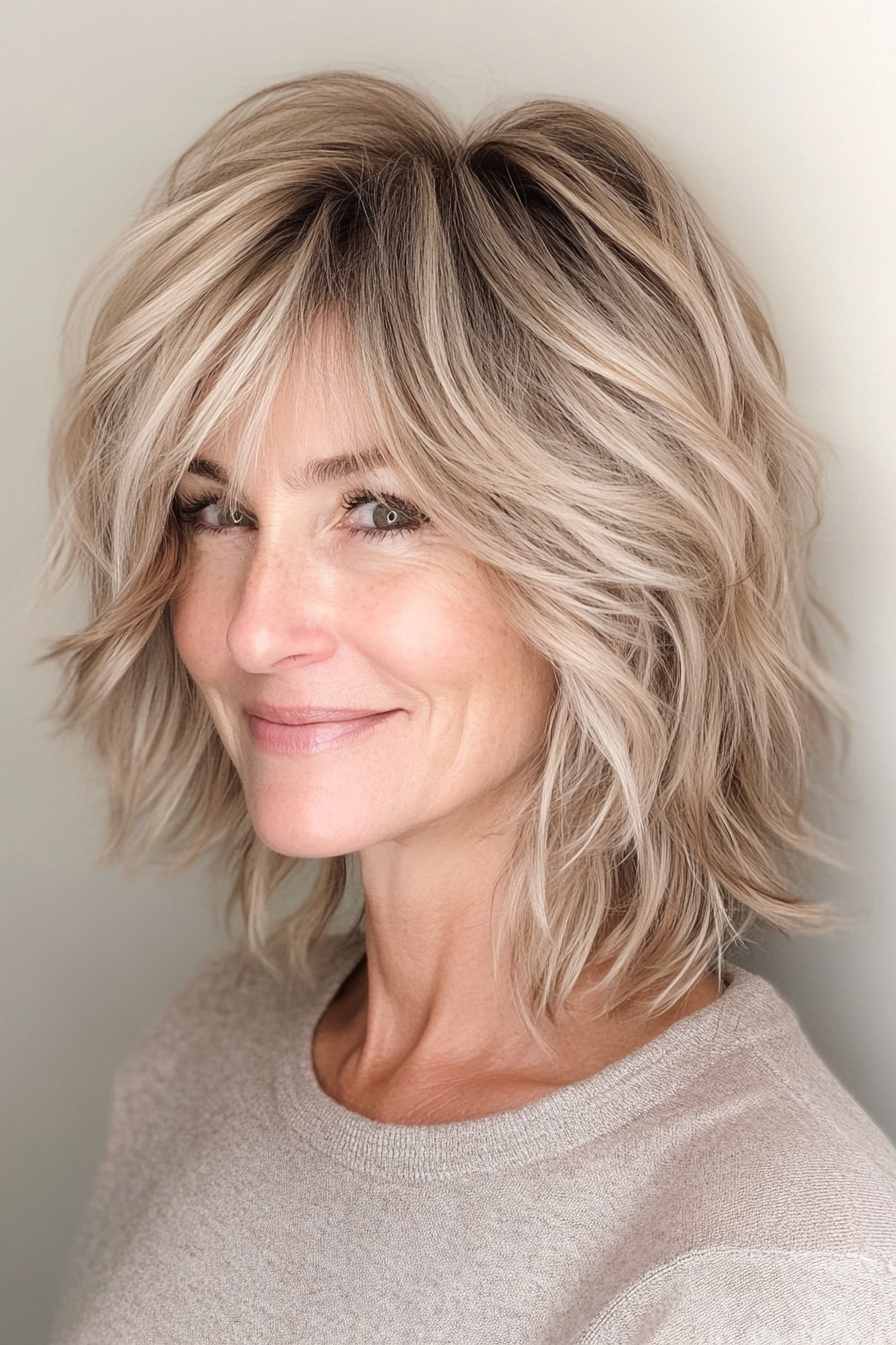 13. abgehackte sandige blonde Shag mit Seitenknochen (zottelige Frisuren für Frauen über 50) - Shaggy Frisuren für Frauen über 50