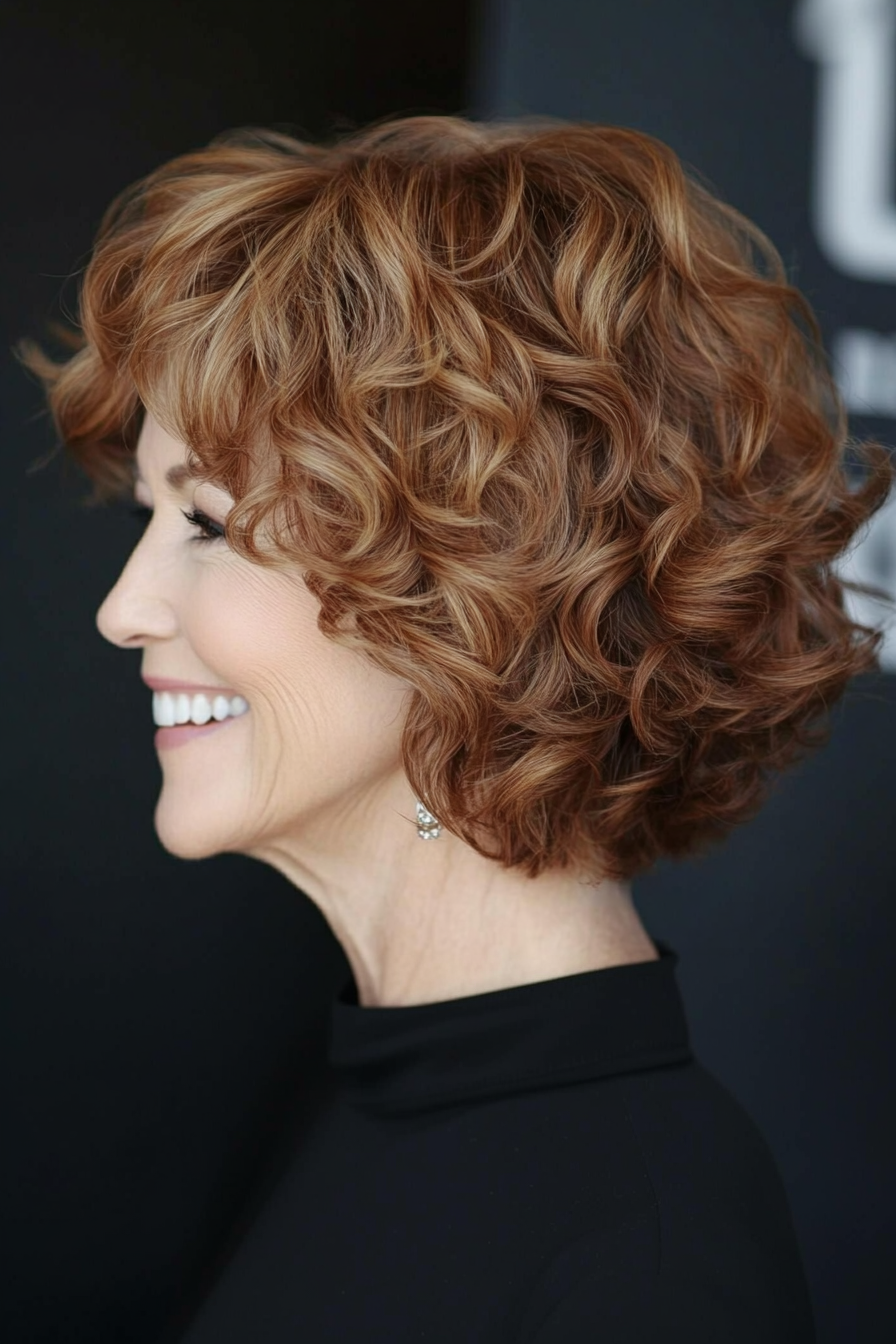 13. Zimtbraun invertierte Bob (Haarschnitte für ältere Frauen mit lockigem Haar) - Haarschnitte für ältere Frauen mit lockigem Haar