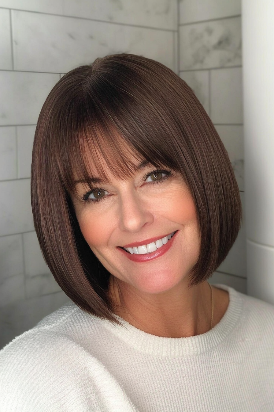 13. Klassischer brünetter französischer Bob mit geradem Pony (Brünette Frisuren für Frauen über 50) – Brünette Frisuren für Frauen über 50